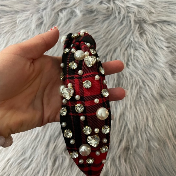 Red Plaid Headband with Pearls and Gems - Picture 5 of 9